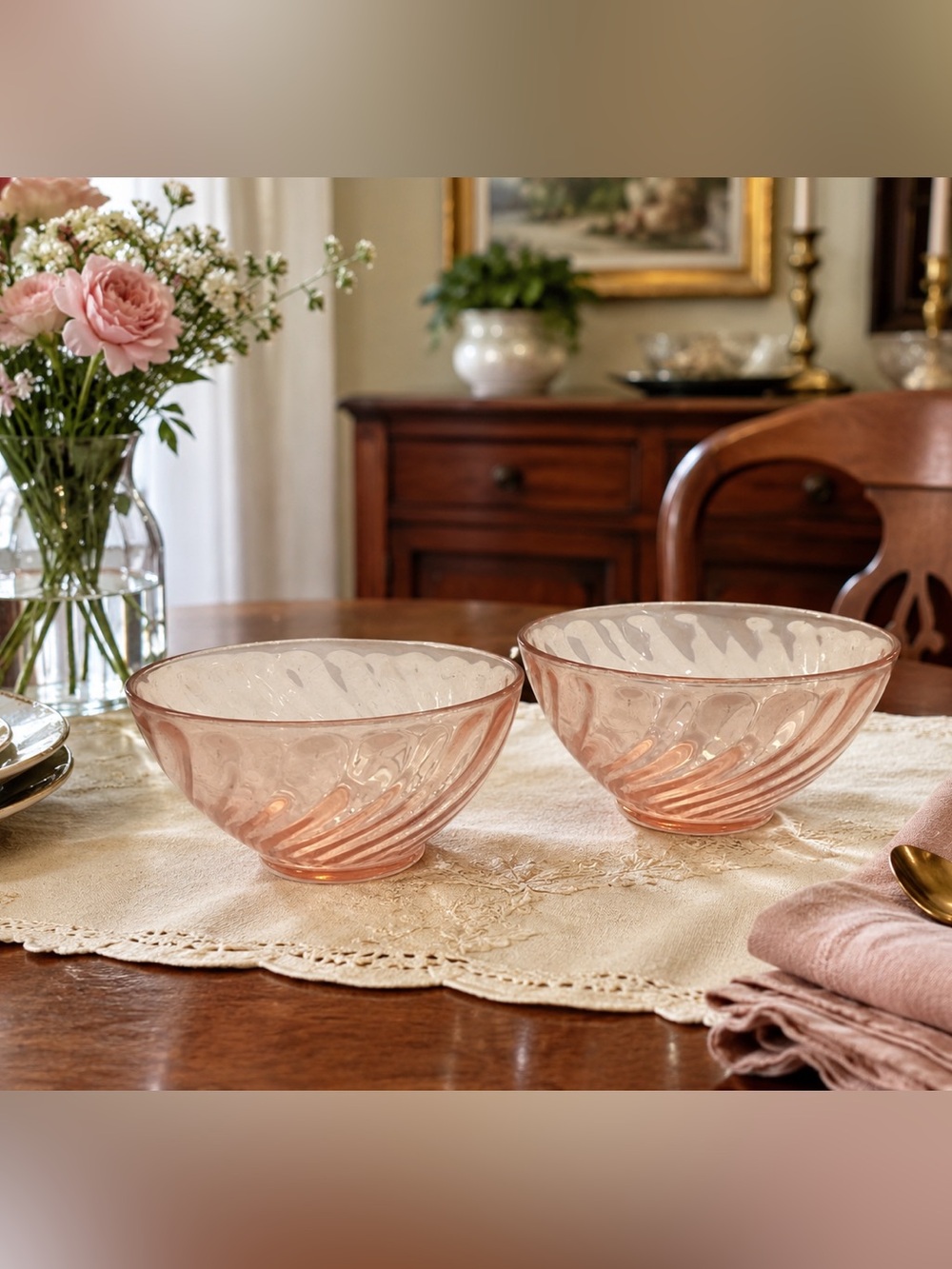 Vintage Arcoroc Rosaline Pink Swirl Glass Bowls Set of 2 France